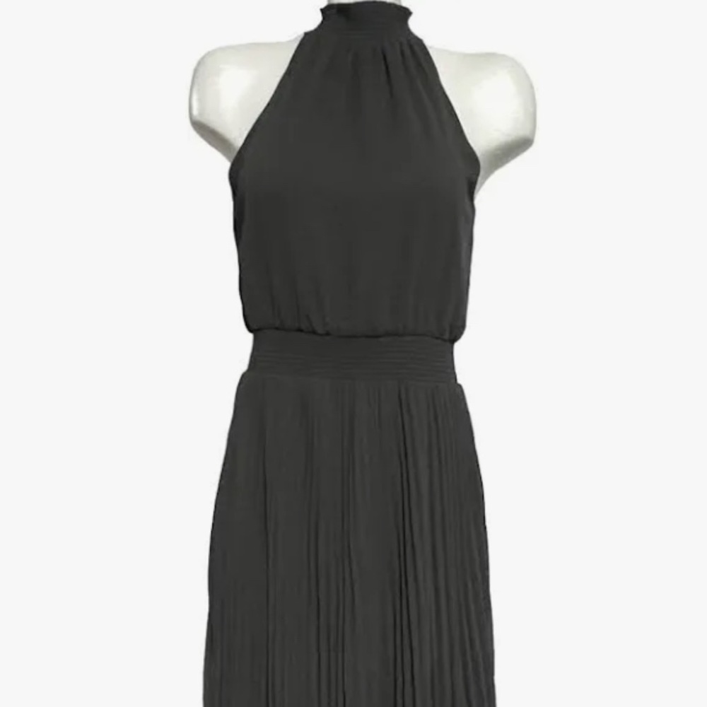 White House Black Market, black, high neck, sleeveless, halter, pleated skirt